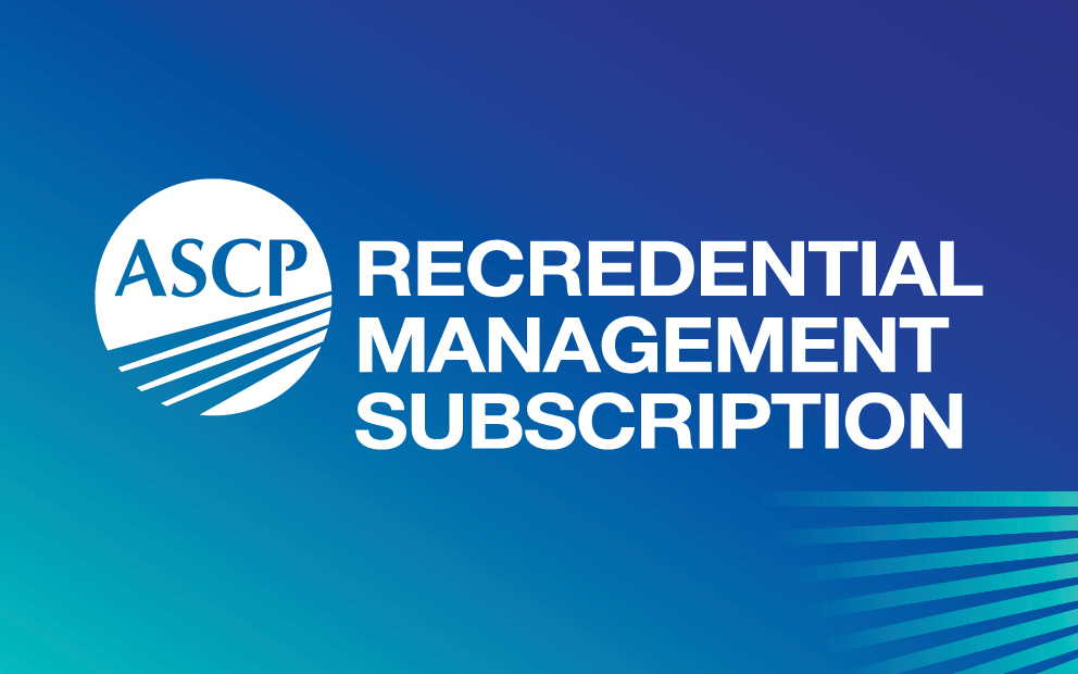 ASCP Recredential Management Subscription logo on gradient background