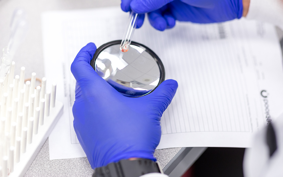 gloved hands in a lab using equipment